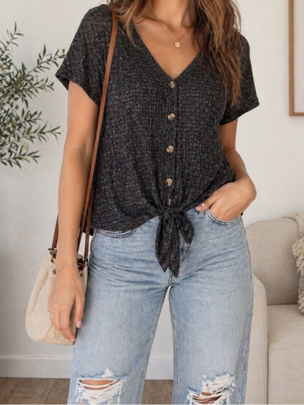 ❌SOLD❌ Pink Republic Tie Front Waffle Knit Top Gray Button Front Short Sleeve S